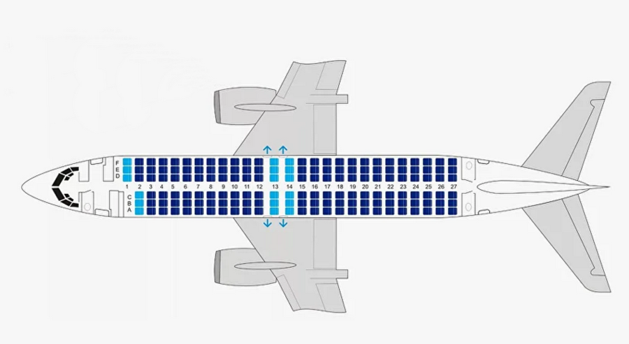 Схема салона Boeing 737 MAX 8 Eastar Jet: 189 мест, аварийные выходы в рядах 13 и 14